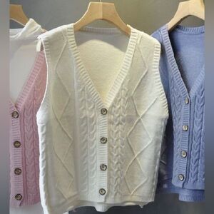 White Cable Knit Button-Up Vest